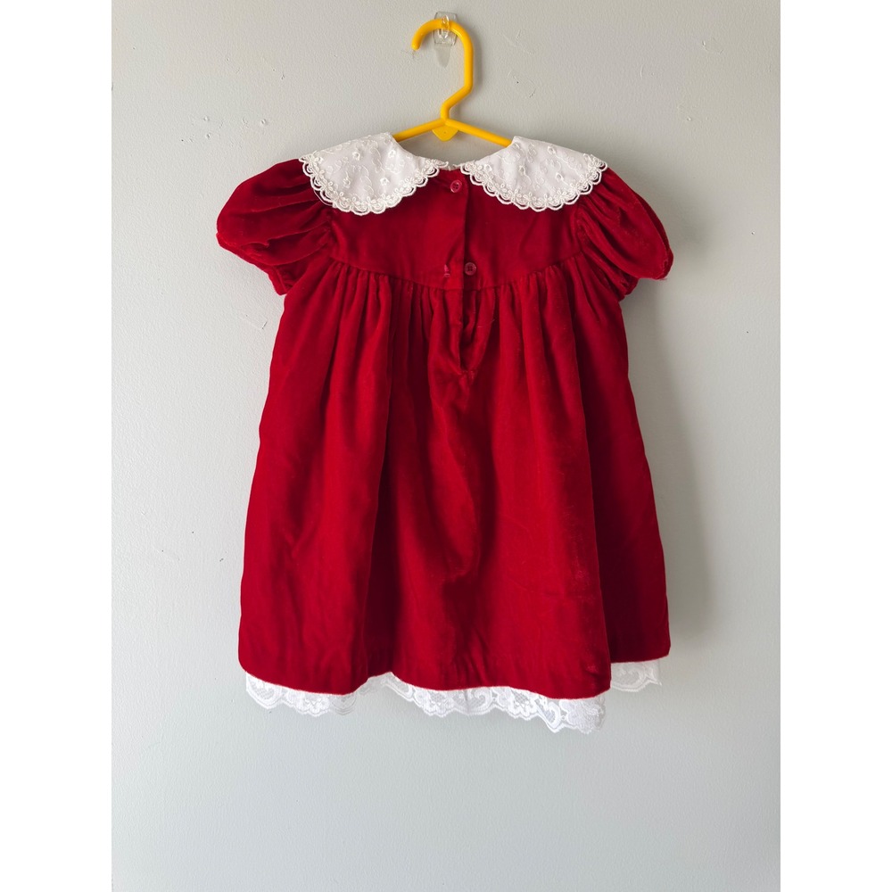 La Princess Red Velvet Holiday Dress White Lace Collar Rosebuds 24M - Picture 7 of 8